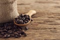 Coffee seeds in sack and spoon on top wooden table.