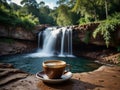 Coffee by Serene Waterfall Royalty Free Stock Photo