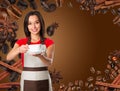 Coffee serving waitress. Young asian barista woman smiling