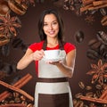 Coffee serving waitress. Young asian barista woman smiling