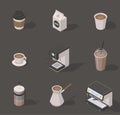 Vector isometric coffee shop set. Includes opened and closed paper cups, milk box, coffee machine, tea brewer, plastic cup with tu