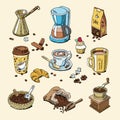 Coffee set coffeebeans and coffeecup vector drink hot espresso or cappuccino in coffeeshop and mug with caffeine in bar