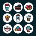 Coffee set. Colorful doodle style cartoon set of objects on coffee theme. Coffee cups and sweets with inscriptions on Royalty Free Stock Photo