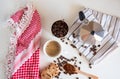 Coffee set of espresso boiler with grounded and beans of coffee on white background with arabick shmagh Royalty Free Stock Photo