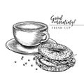 Coffee set. Hand drawn coffee cup of cappuccino or late and bagel. Breakfast bakery with coffee. Vector engraved icon