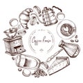 Coffee set. Hand drawn cups, croiisant, kettle, pie, grinder, macaronii, grain. Vector vintage icons. Coffee shop design