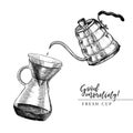 Coffee set. Hand drawn pour over and coffe kettle. Alternative brewing method. Barista equipment. Vector engraved icon Royalty Free Stock Photo