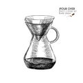 Coffee set. Hand drawn pour over, modern alternative barista equipment. Vector engraved icon. Morning fresh drink. For Royalty Free Stock Photo