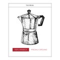 Coffee set. Hand drawn retro geyser italian moca. Ancient espresso making method. Vector engraved icon. Packaging design