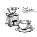 Coffee set. Hand drawn coffee vintage grinder or mill and cup. Vector engraved icon. Morning fresh drink. For restaurant Royalty Free Stock Photo