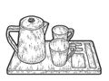 Coffee set, kettle, two cups and a tray. Sketch scratch board imitation. Royalty Free Stock Photo