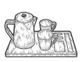 Coffee set, kettle, two cups and a tray. Sketch scratch board imitation. Royalty Free Stock Photo