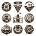 Coffee set of nine vector black and white emblems, badges, labels or logos in vintage style isolated illustration Royalty Free Stock Photo