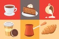 Coffee set and sweet desserts vector illustration. Different drink types including espresso, macchiato
