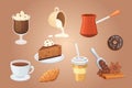 Coffee set and sweet desserts vector illustration. Different drink types including espresso, macchiato