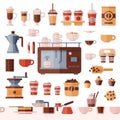 Coffee set vector coffeemachine with coffeecups for hot espresso or cappuccino and beverages with caffeine in plastic Royalty Free Stock Photo