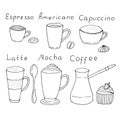 Coffee set vector illustration, hand drawing doodles Royalty Free Stock Photo