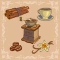 Coffee set in vintage style.. Beautiful illustration in pastel colors with drawn retro coffee grinder, cup, cinnamon, vanilla.