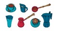 Coffee set wuth cups, pots and creamer. Big colored set of coffee accessoiries for cappuccino brewing. Vector