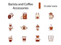 Coffee shop accessories flat icons set. Coffee beans. Professional machine. Isolated vector stock illustration Royalty Free Stock Photo