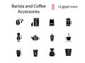 Coffee shop accessories glyph icons set. Coffee beans. Isolated vector illustration