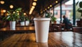 Coffee shop background, close up of coffee cup on wooden table generated by AI Royalty Free Stock Photo