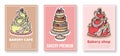 Coffee shop or bakery house visit cards set with baked cake, cupcake, topper and lettering text. Vector hand drawn baked