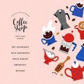 Coffee shop or bakery menu design, vector layout with doodle illustration, lettering logo label, square composition