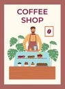 Coffee shop banner with barista serving customers, flat vector illustration.