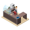 Coffee Shop or Bar Counter and Barista Isometric View. Vector Royalty Free Stock Photo