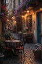 Coffee Shop, Bossa Nova style, cute tables outside, cobblestone road, flowers