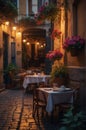 Coffee Shop, Bossa Nova style, cute tables outside, cobblestone road, flowers