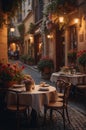 Coffee Shop, Bossa Nova style, cute tables outside, cobblestone road, flowers