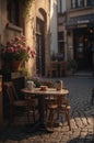 Coffee Shop, Bossa Nova style, cute tables outside, cobblestone road, flowers