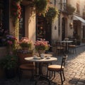 Coffee Shop, Bossa Nova style, cute tables outside, cobblestone road, flowers