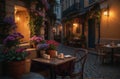 Coffee Shop, Bossa Nova style, cute tables outside, cobblestone road, flowers