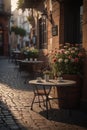 Coffee Shop, Bossa Nova style, cute tables outside, cobblestone road, flowers