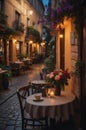 Coffee Shop, Bossa Nova style, cute tables outside, cobblestone road, flowers