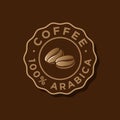 Coffee logo. Coffee, 100% Arabica emblem. Gold coffee beans with letters in a wavy round badge.