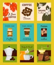 Coffee shop cards, banners vector illustration. Paper cup for take away drink. Premium coffee beans. Every day organic