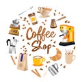 Coffee Shop Concept. Coffee Shop Round Logo With Lettering In The Middle And Coffee Beans, Crouisant, Mocha, Cappuchino