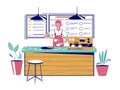 Coffee shop counter, barista making hot drink, vector illustration. Coffee house, bar, restaurant, cafe small business. Royalty Free Stock Photo