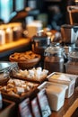 Coffee shop counter with different types of coffee and sugar.