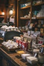 Coffee shop counter with different types of coffee and sugar.