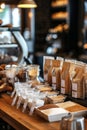 Coffee shop counter with different types of coffee and sugar.