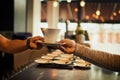 Coffee shop customer, people and barista hands with tea cup, latte or matcha for client morning hydration. Restaurant Royalty Free Stock Photo