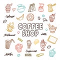 Coffee shop doodle art elements set. Vector vintage illustration.