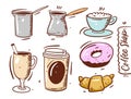 Coffee shop elements set. Coffee mug, croissant, donut, coffee to go, glass, and coffee pot. Hand draw vector Royalty Free Stock Photo