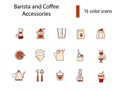 Coffee shop equipments flat icons set. Air pressure machine, portafilter. Isolated vector stock illustration