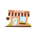 Coffee shop exterior in cartoon style. Facade of small store or cafe. Commercial building. Flat vector design Royalty Free Stock Photo